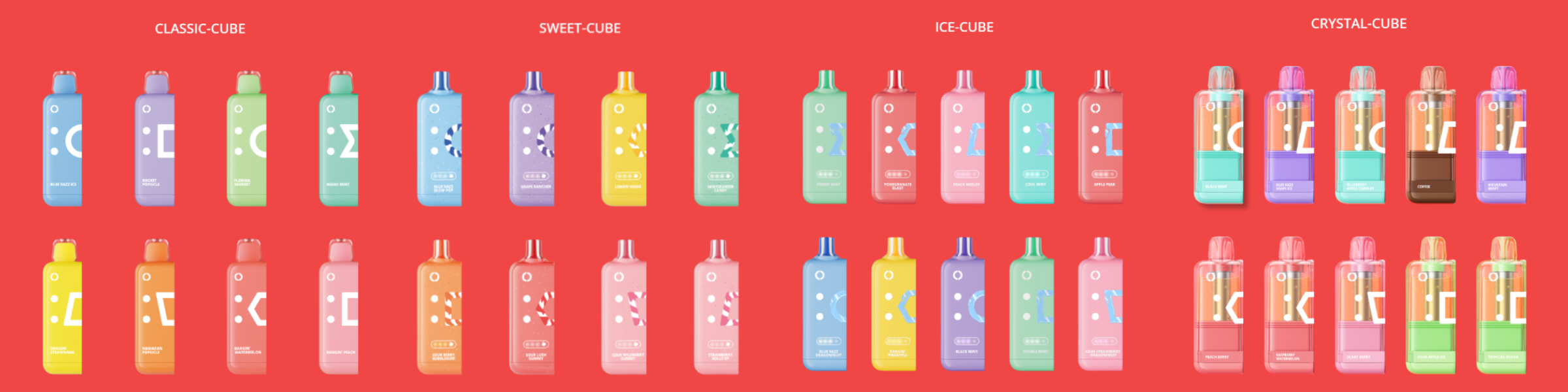 Off Stamp X Cube flavor lineup displaying Classic Cube, Sweet Cube, Ice Cube, and Crystal Cube pod options.