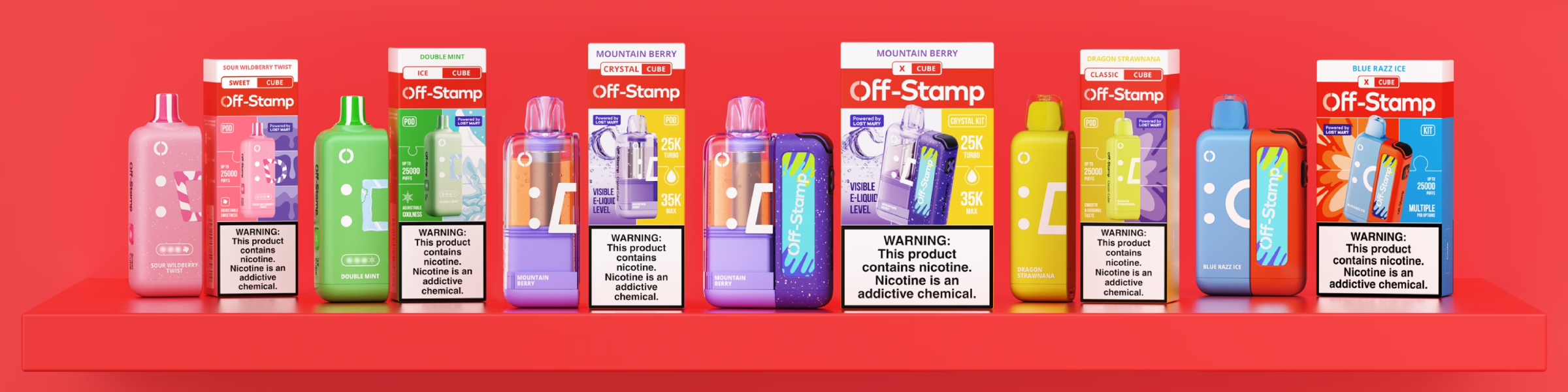 Off Stamp X Cube disposable vape collection displayed on a red shelf with various pod flavors and packaging.