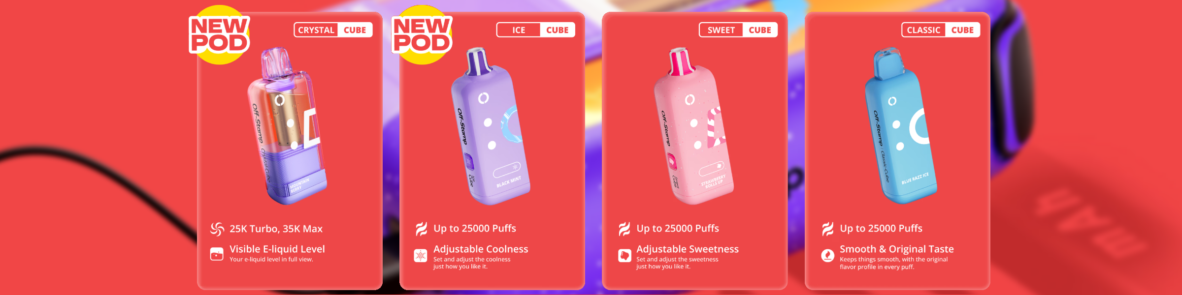 Off Stamp X Cube new pod designs showcasing Crystal, Ice, Sweet, and Classic Cube flavors with 25,000-puff performance.
