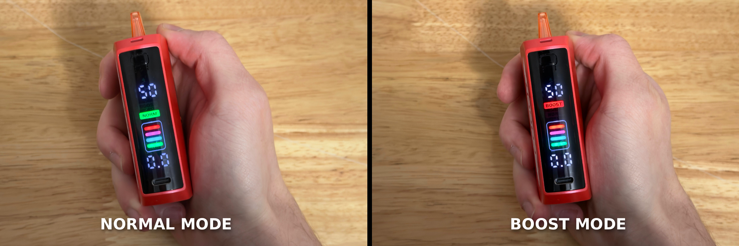 Foger Switch Pro screen comparison showing Normal Mode and Boost Mode power settings.