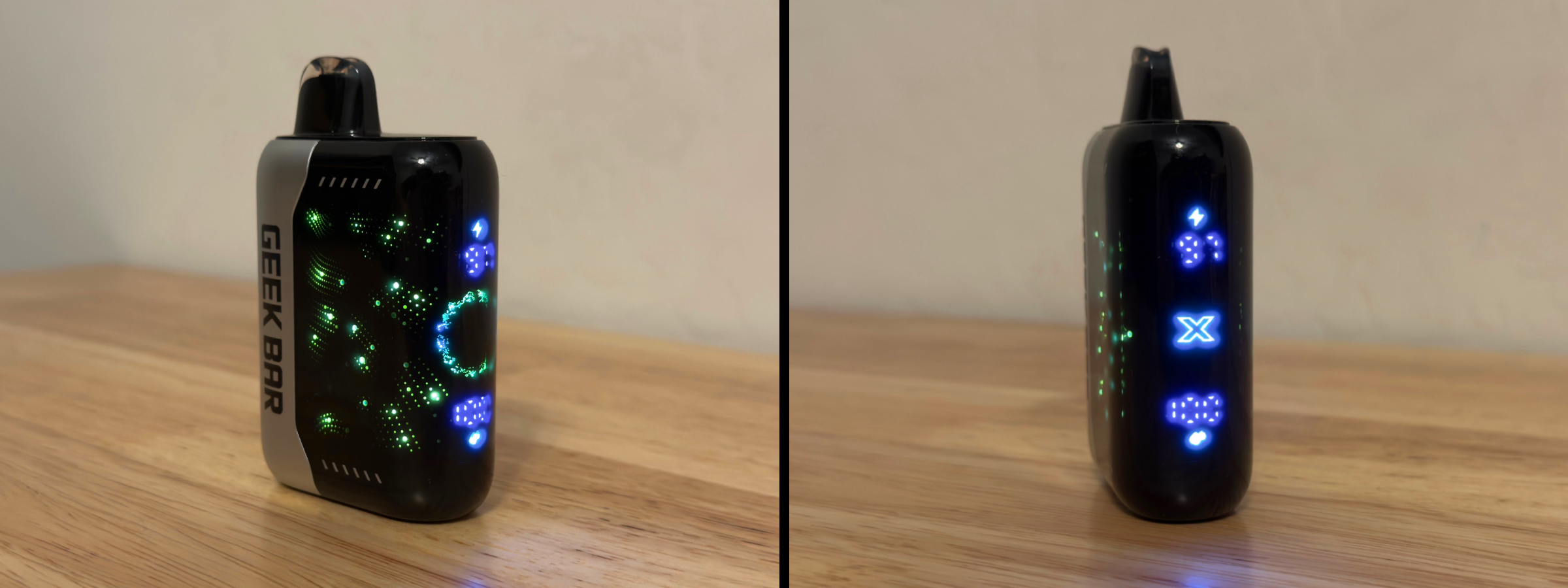 Geek Bar Pulse X disposable vape showing dynamic LED screen effects in Normal and Pulse mode.