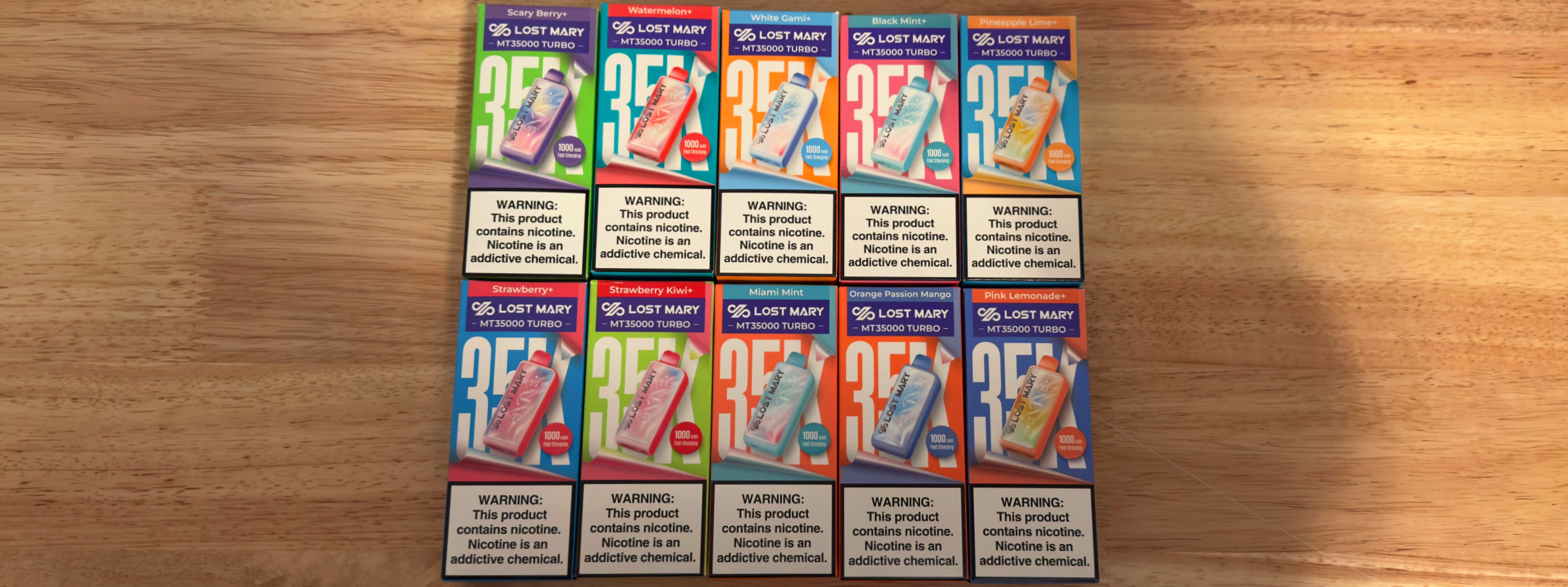 Lost Mary MT35000 Turbo full flavor lineup packaging featuring multiple fruit and ice flavor disposables.